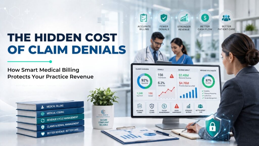 Banner shows a medical office scene about smart medical billing, with a computer dashboard, stacked books, and healthcare professionals in the background.