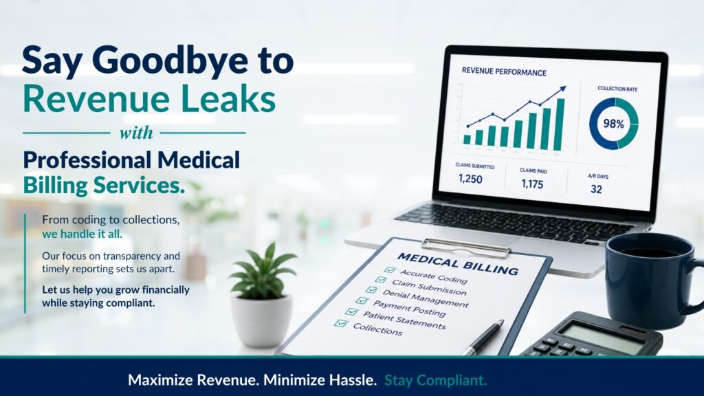 Promotional banner for medical billing: laptop showing revenue charts, a medical billing form, and a bold headline about eliminating revenue leaks.