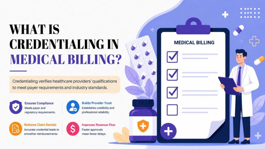 Infographic explaining credentialing in medical billing, showing a doctor with a clipboard and a large checklist on a tablet with medical icons and pills nearby.