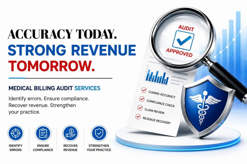Medical billing audit advertisement with bold headlines and visuals of a magnifying glass, shield, and a checklist: identify errors, ensure compliance, recover revenue, strengthen your practice.