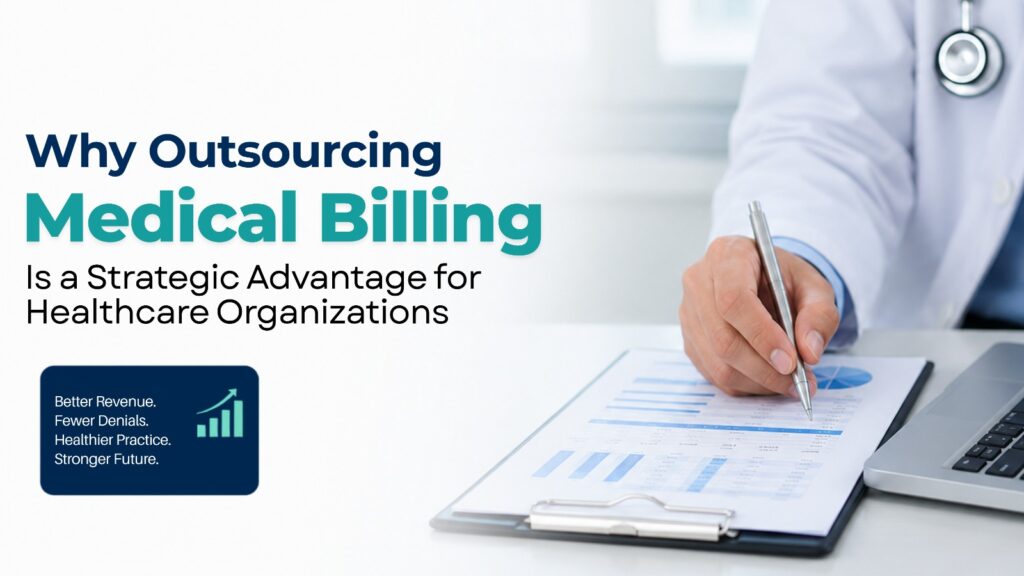 Banner image for an article: 'Why Outsourcing Medical Billing' with a clinician's hand writing on a chart beside a laptop.