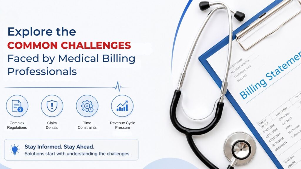 Infographic on medical billing challenges: stethoscope and billing statement on the right; four circular icons (Regulations, Denials, Time, Revenue) on the left.